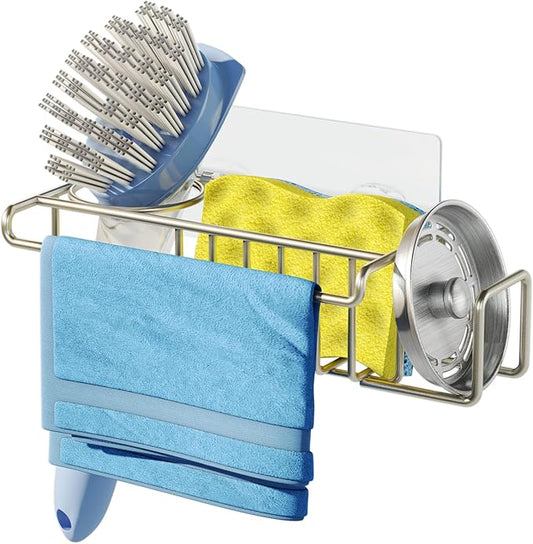 HapiRm Sink Caddy Sponge Holder - No Drill Sponge Holder for Kitchen Sink, Rustproof and Waterproof Kitchen Organizer - Brushed Nickel（8.65 * 3.54 * 2.36 in）