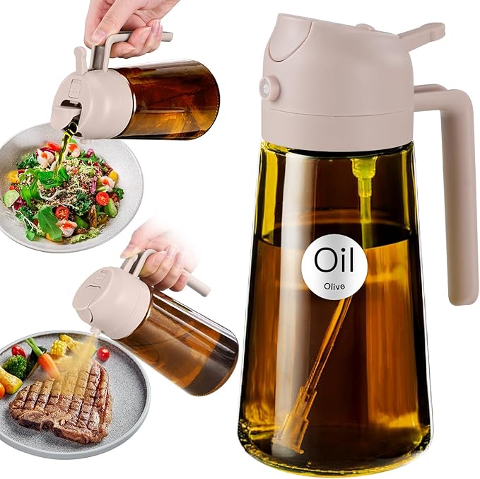 YARRAMATE 16oz/470ml Light Blocking Oil Sprayer for Cooking with Stickers, Food-Grade 2 in 1 Olive Oil Dispenser Bottle for Kitchen,Dark Amber Glass Oil Bottle for Air Fryer, BBQ (LotusRootPink)