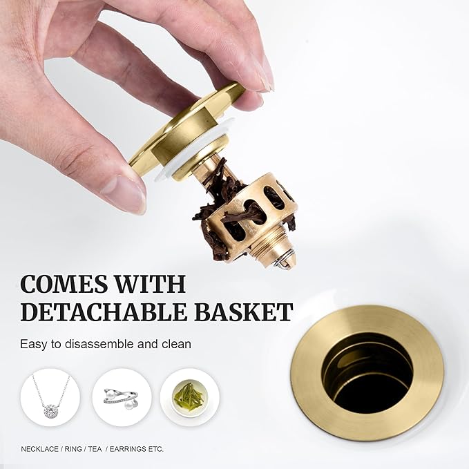Pop up Sink Drain Stopper with Overflow Brushed Gold for Bathroom Vessel Vanity Sink Art Basin, Big Cap Sink Drain with Overflow, Metal Pop-up Drain Strainer with Detachable Basket Stopper