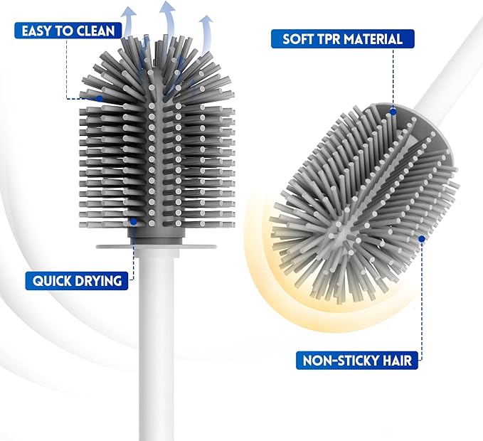 Toilet Brush and Holder Set, Silicone Toilet Bowl Brush, Bathroom Accessories, Durable Toilet Scrubber Bristles, Compact Size for RV, Wall Mountable, Drip-Proof, Deep Cleaning. (White)