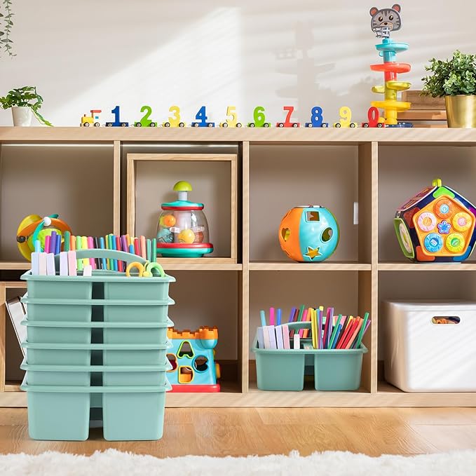 12 Pcs Classroom Caddy with 3 Compartment - Multipurpose Portable Plastic Storage Table Caddies with Handles for School Home Office Organizer(Green)