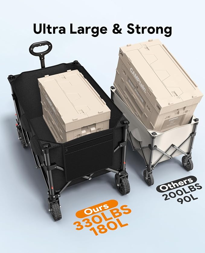 Wagons Carts Foldable, Collapsible Foldable Wagon 330lbs Capacity, Large Capacity Wagon Cart with All-Terrain Wheels,Heavy Duty Utility Wagon Cart with Brakes for Camping Shopping Sports