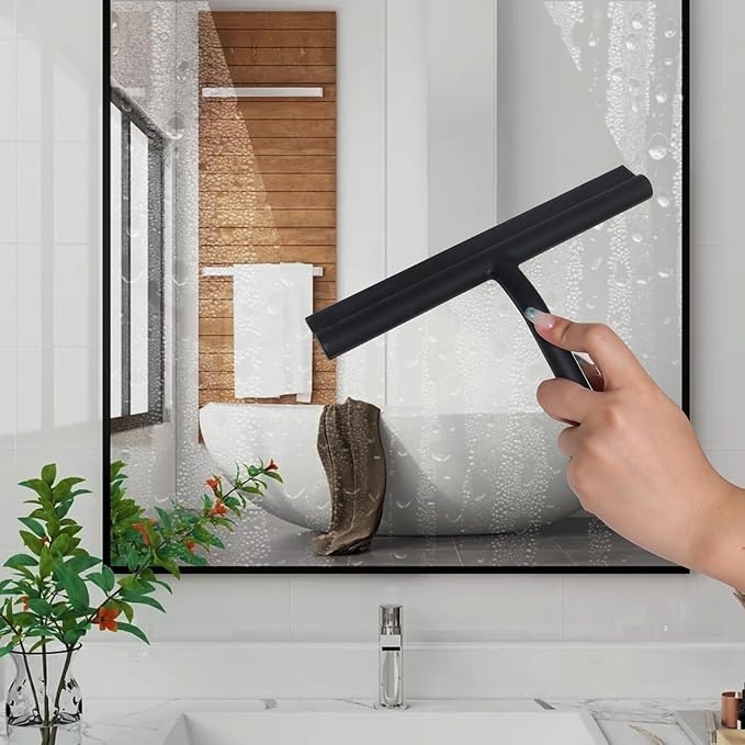 Shower Squeegee for Glass Doors, Full Silicone Jacketed Squeegee with Ergonomic Handle & No-Drill Hook, Cleaning Tool for Windows, Mirrors, Tiles, Bathroom & Car - Black