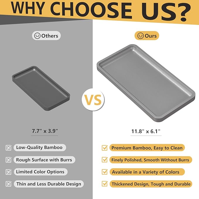 Weenson Bathroom Vanity Tray for Perfume Makeup Jewelry Decor Candle, Bamboo Kitchen Tray for Soap Dispenser Spice, Coffee, Toilet Tank Tray Nightstand Silver 11.81”L x 6.1”W x 0.79”H