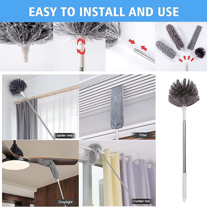 Microfiber Feather Duster 5-in-1 Kit, Dusters for Cleaning, Duster with Extension Pole 100 Inches, Cobweb Duster, Microfiber Dusters for High Ceilings and Fans, Blinds, Cars and Furniture
