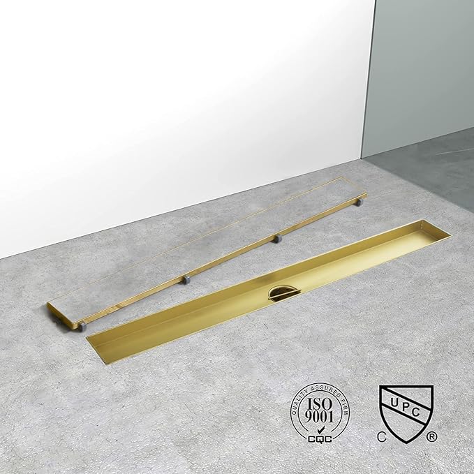 Linear Shower Drain, 60 inch Gold Drain with Tile Insert 2-in-1 Panel, Brushed 304 Stainless Steel Gold Shower Floor Drain, Linear Drain with Hair Strainer and Adjustable Feet