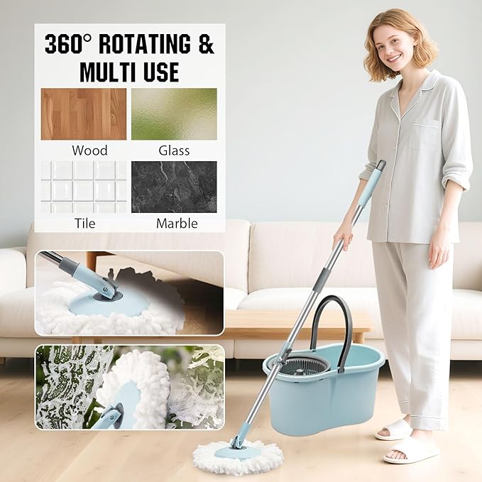 Spin Mop and Bucket with Wringer Set, 360° Spinning Mop Bucket System with 3 Microfiber Mop Replacement Heads and 50" Stainless Steel Adjustable Handle for Floor Cleaning (15QT)