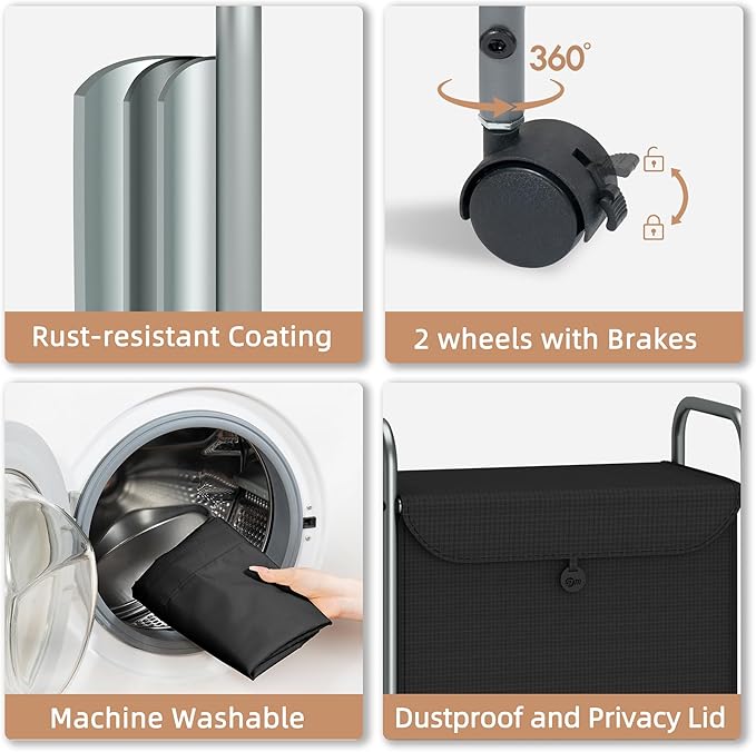 STORAGE MANIAC Rolling Laundry Hamper, Laundry Basket with Lockable Wheels, Clothes Sorter Cart, Small Clothes Separator Hamper for Closet, Bathroom, Laundrys Room, 1 Section Black