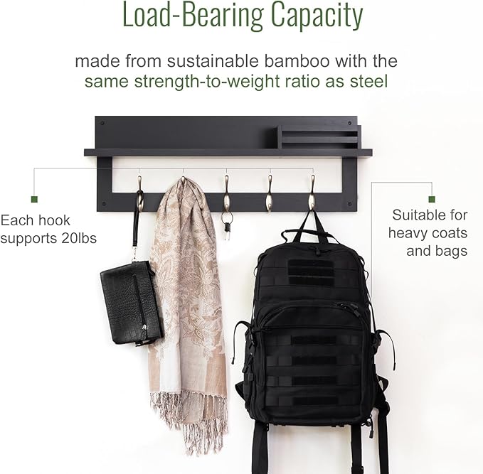 Wall Hooks with Shelf, 29.25 inch Coat Rack Wall Mount with Mail Organizer Box, Wooden Hat Rack with 5 Hooks, Coat Hanger and Key Holder for Wall, Modern Charcoal