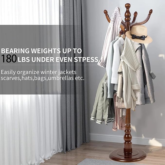 Wood Coat Rack, Heavy Duty Coat Rack Freestanding with 11 Smooth Hooks, Vintage Coat Tree, Clothes Hanger Stand with Stable Disc Base for Entryway, Bedroom (Walnut Brown)