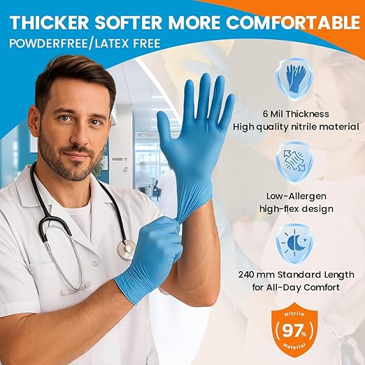 6 mil Disposable Nitrile Gloves, Heavy Duty Disposable Gloves, Cooking Glove, Latex Free, Powder Free (Blue of 100, Medium)