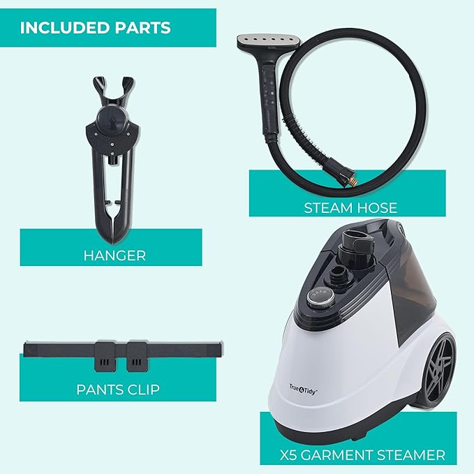 True & Tidy® Commercial Garment Steamer – Heavy Duty 1800W for Home & Commercial Use, 90+ Min Continuous Steam, Large 2.9L Tank, Wheels (X5A White Auto-Off, Smart Commercial Garment Steamer)