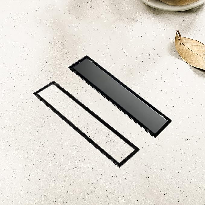 Linear Shower Drain, 12 inch Black Drain with Tile Insert 2-in-1 Panel, Brushed 304 Stainless Steel Shower Floor Drain, Linear Drain with Hair Strainer and Adjustable Feet