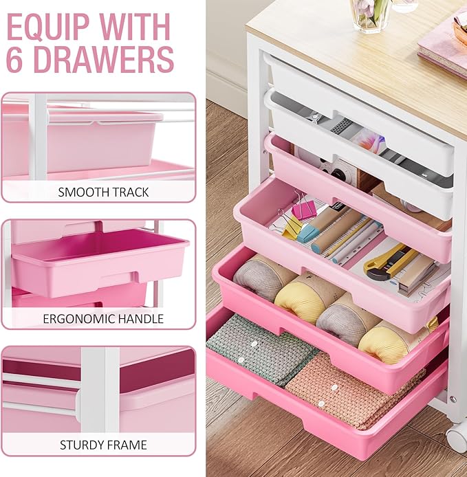 Utility Cart With 6 Drawers and Wooden Tabletop, Storage Cart on Wheels for Office, Classroom, Bathroom, Bedroom - Pink