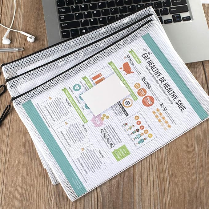 Sooez 20 Pack Mesh Zipper Pouch with Label Pocket, Plastic Zip File Folders, Zipper Document Bag for Teacher School Office Supplies, Classroom Organization, Board Game Storage, 13.3" x 9.4", Black