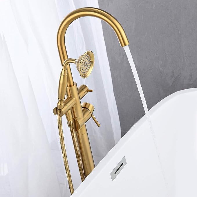Tub Filler Freestanding Bathtub Faucet Brushed Gold Floor Mounted Brass Bathroom Tub Faucets with Hand Shower