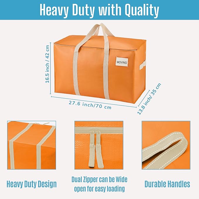 VENO 6 Pack Moving Bags, Heavy Duty, Moving Boxes Alternative, Packing Storage Supplies, Dorm Room Essentials with Zipper for Clothes, Extra Large Packaging Totes (Seasonal Autumn Orange, 6 Pack)