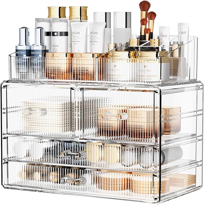 ZHIAI Stackable Storage Drawers, Acrylic Bathroom Counter Organizer Clear Makeup Organizers for Vanity, Kitchen Cabinets, Bathroom, Undersink, Home Organization and Storage (1 Top 4 Drawers D)