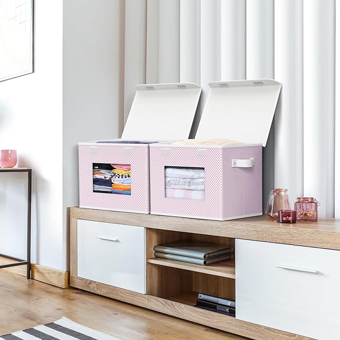 Univivi Fabric Foldable Storage Boxes [4-Pack] Large Collapsible Stackable Storage Bins with Lids, Closet Organizers and Storage Cube Basket for Home, Office, Bedroom (Pink, 17”x 12” x 12”)