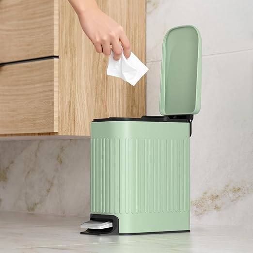 TrashAid Slim Bathroom Trash Can with Lid Soft Close, 6 Liter/1.6 Gallon Stainless Steel Small Garbage Can with Removable Inner Bucket, Step Pedal, Slim Wastebasket for Toilet, Office, Bedroom, Green