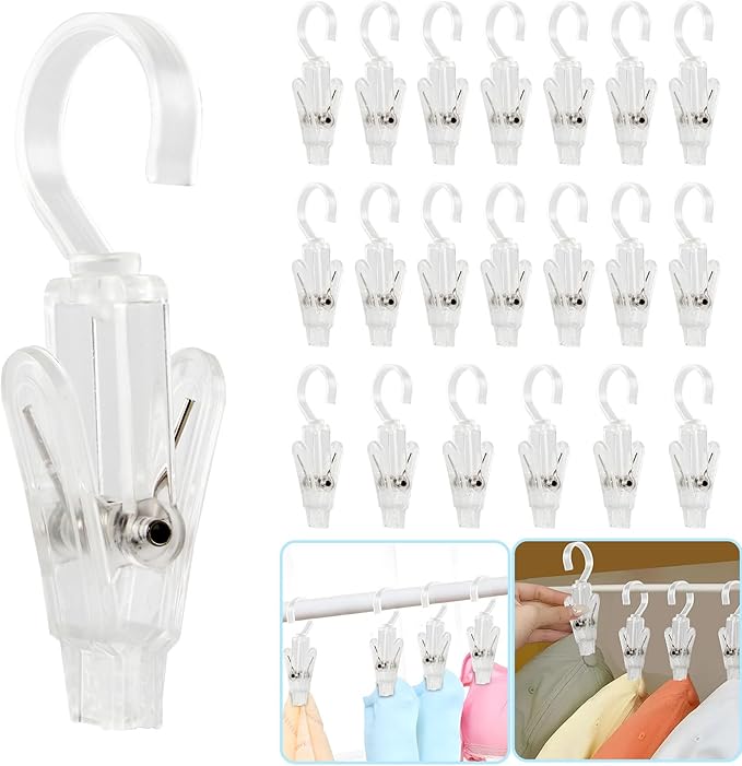 VinBee 20 PCS Laundry Hooks with Clips Super Strong Plastic Home Travel Swivel Hanging Hanger Closet Organizer Clamps Socks Boot Bras Towels for Bathroom Wardrobe Kitchen Office - 4.3 Inches (Clear)