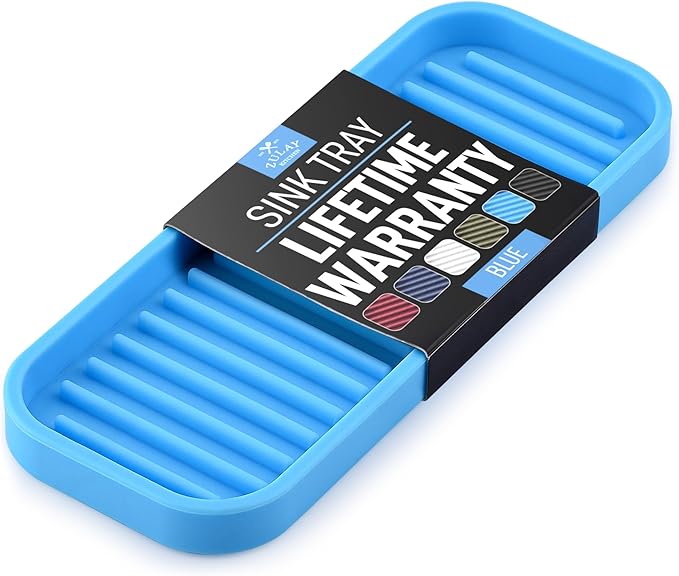 Zulay Kitchen (9x3.5) Silicone Sponge Holder for Kitchen Sink - Flexible Multipurpose Kitchen Soap Tray Sponge Holder - Sink Organizer Tray for Kitchen, Bathroom, Makeup, Trinkets & More (Blue)