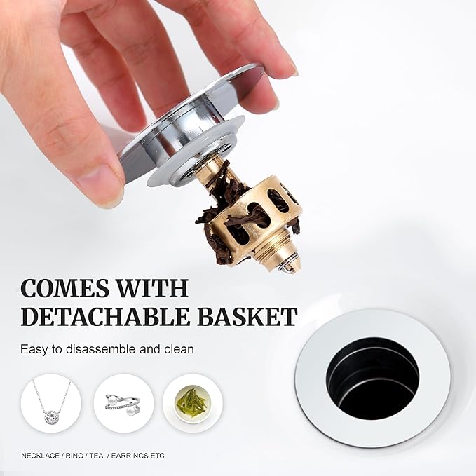 Pop up Sink Drain Stopper for Bathroom Vessel Vanity Sink Art Basin Chrome, Big Cap Without Overflow, Metal Pop-up Drain Strainer with Detachable Basket Stopper