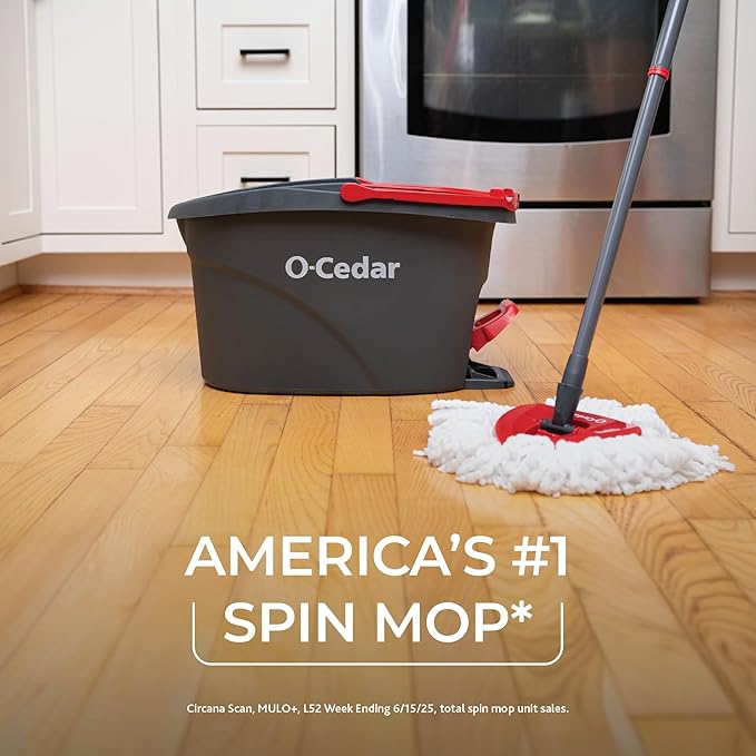 O-Cedar Easywring Microfiber Spin Mop & Bucket Floor Cleaning System with 1 Extra Refill,Red / Gray