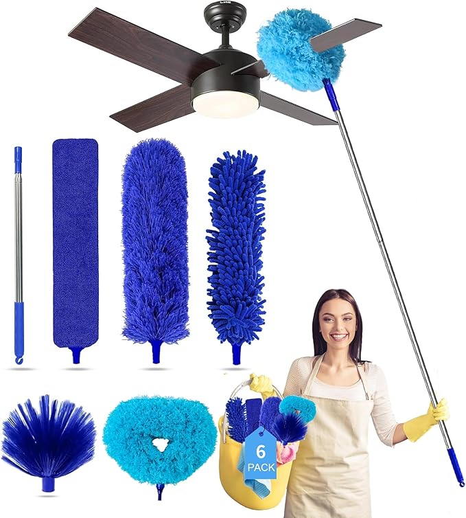Ceiling Fan Cleaner Dusters for Cleaning 6-in-1 Kit, Cobweb Duster with Extension Pole, 100 Inches High Ceiling Fan Blade Cleaners with 5 Reuseable Dusting Heads for Windows and Blinds- Blue