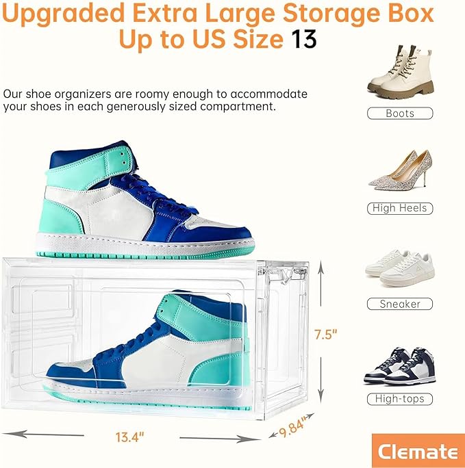 Clemate Upgraded X-Large Shoe Storage Box,8 Pack,Shoe Box Clear Plastic Stackable,Drop Front Shoe Box with Clear Door,Shoe Organizer and Shoe Containers For Sneaker Display,Fit up to US Size13