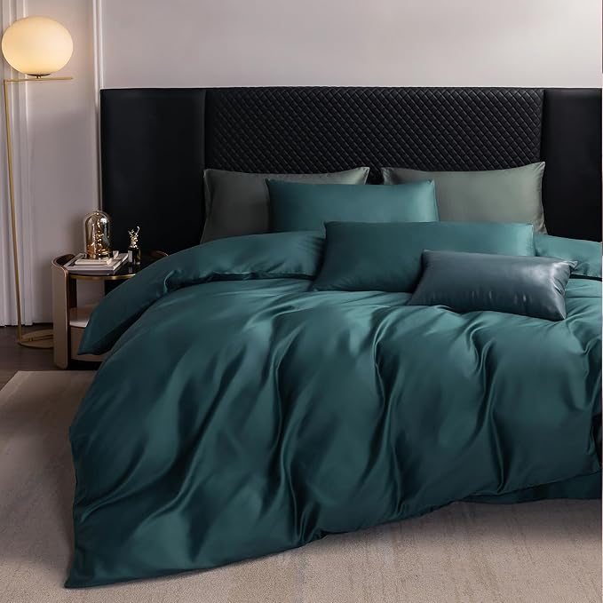 MooMee Duvet Cover Set 100% Extra Long Staple Cotton 600 Thread Count Silky Sateen Smooth Luxury Soft Breathable Durable Hotel Quality Bedding, 3 Pieces (Teal Green, King 104"x90")