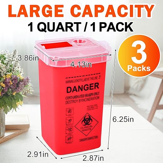 CHANGTIKEJI 1 Quart (3-Pack) Red Sharps Containers, Biohazard Needle Disposal for Home Use, Portable Travel Sharps Storage, Professional Waste Sharps Disposal Bucket