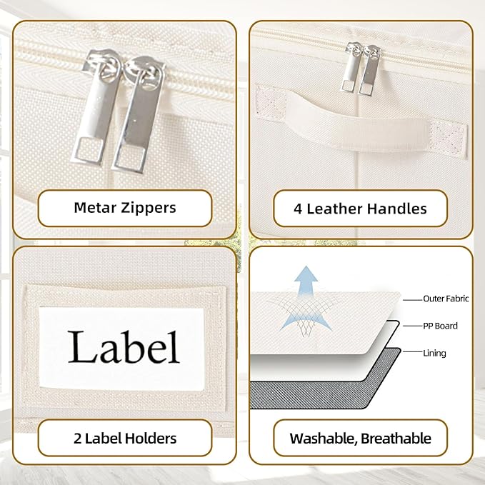 Yawinhe Foldable Underbed Storage Bags, Containers Bin with Lids, Large Under Bed Organizer Box, with Sturdy Zipper und Label Holders, for Clothing, 31.5''Lx15.7''Wx6''H, 2 Pack, Beige