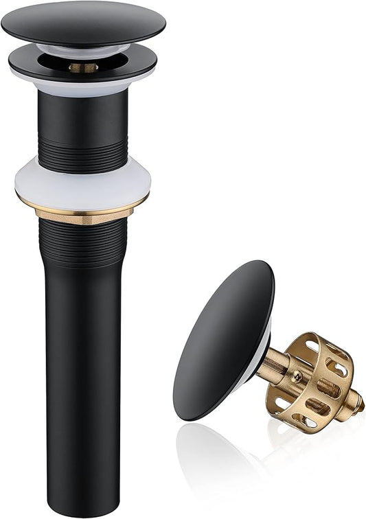 Pop up Sink Drain Stopper for Bathroom Vessel Vanity Sink Art Basin Matte Black, Big Cap Without Overflow, Metal Pop-up Drain Strainer with Detachable Basket Stopper