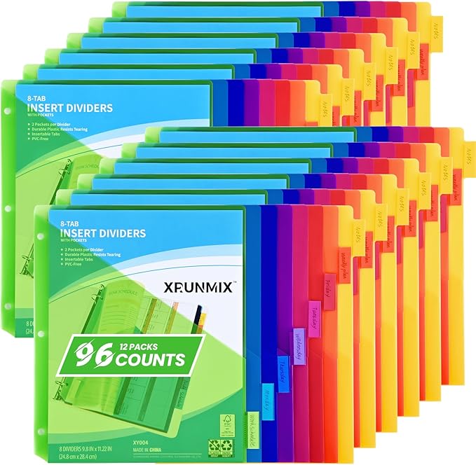 8-Tab Binder Dividers - Index Pockets Divider for 3 Ring Binders, 3-Hole Plastics Sheets Protectors for US Letter Size in 0.5'', 1'', 2'', 3 inch Binders, 8 Colors (XY004) (12 Packs)