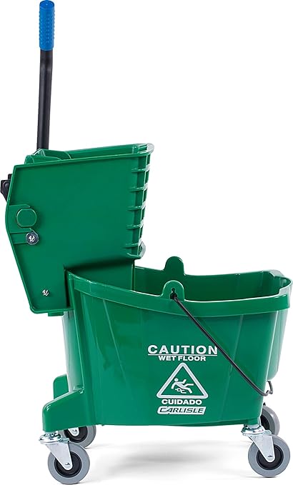 Carlisle FoodService Products 26-Quart Commercial Mop Bucket with Side-Press Wringer, Precision-Molded Polypropylene, Durable Wringer, Bucket with Non-Marking Casters, 18.5 x 16.5 x 23 Inches, Green