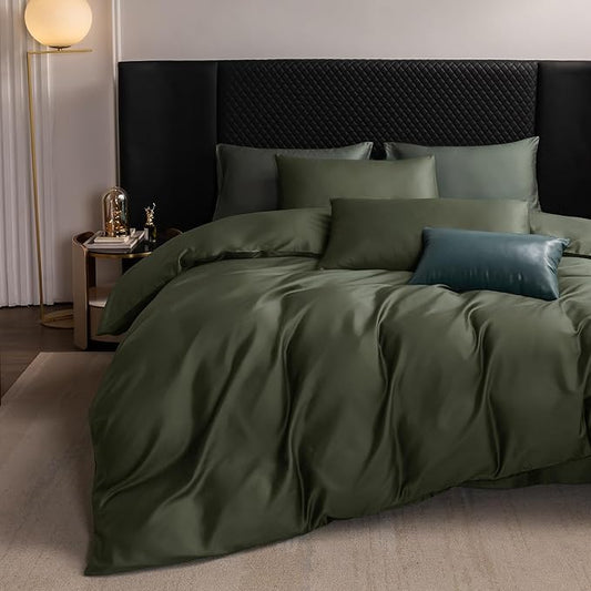 MooMee Duvet Cover Set 100% Extra Long Staple Cotton 600 Thread Count Silky Sateen Smooth Luxury Soft Breathable Durable Hotel Quality Bedding, 3 Pieces (Olive Green, King 104"x90")