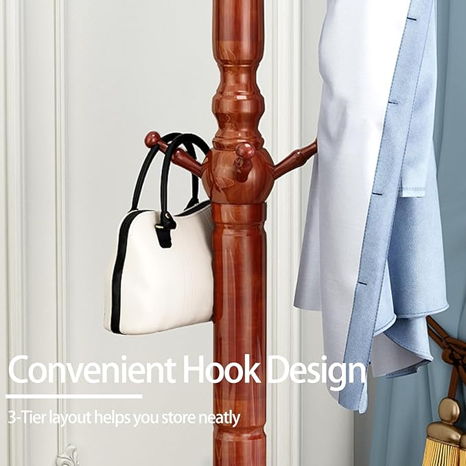 Wood Coat Rack, Heavy Duty Coat Rack Freestanding with 11 Smooth Hooks, Vintage Coat Tree, Clothes Hanger Stand with Stable Disc Base for Entryway, Bedroom (Light Brown)