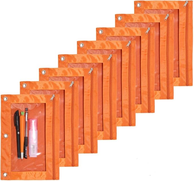 Zippered Pen Pencil Binder Pouch 3 Rings with Clear Window for School Classroom Organizers 8 Pcs (Orange)