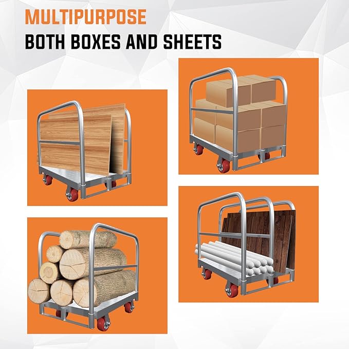 Steel Panel Truck Cart, Platform Truck, Heavy Duty Lumber Drywall Dolly, Flatbed with 2500 lbs Capacity and 4 Swivel Casters, 36x24inch Steel Board with 3 Side Handrails