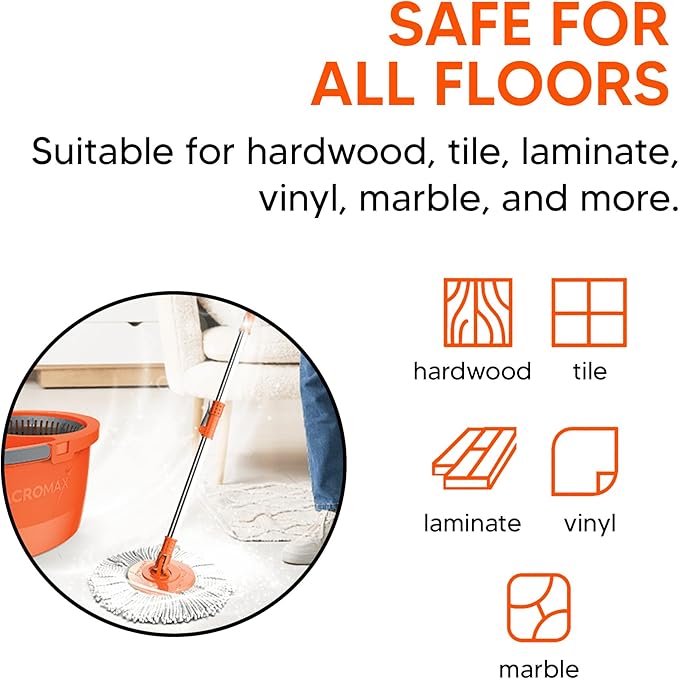 Macromax Faster Spin Mop and Bucket Set with 1 Refill– 360° Rotating Microfiber Mop with Smart Drying System – Adjustable Dampness – Ergonomic Handle – Multi-Surface Floor Cleaning Tool