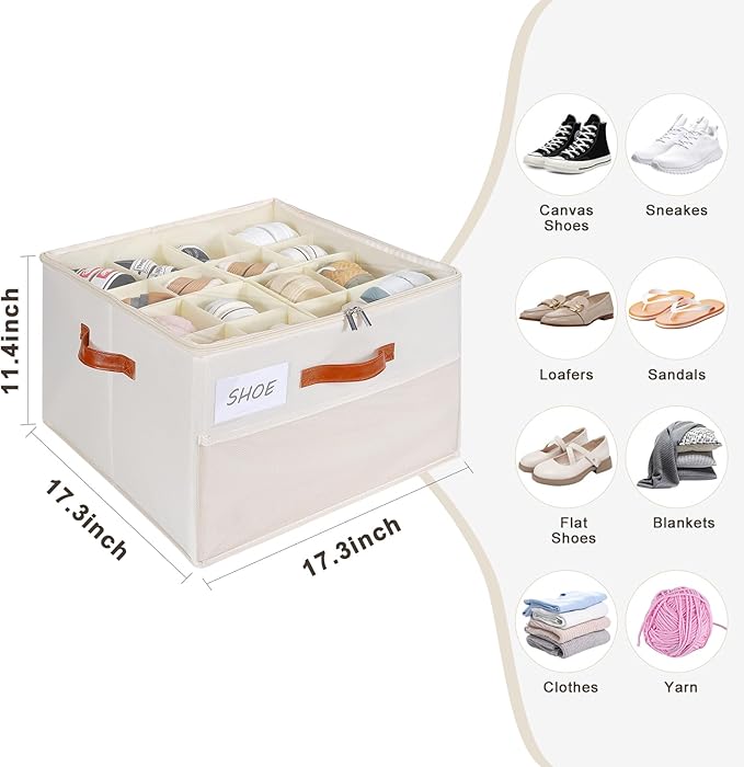 Shoe Organizer for Closet, Shoe Storage Box, Foldable Shoe Box with Adjustable Dividers and Clear Cover, Closet Shoe Organizer Fits up to 16-32 Pairs, Extra Storage Pocket for Socks (2 Pack)