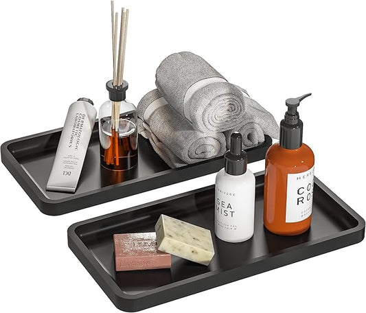 Weenson Bathroom Vanity Trays for Countertop Toiletries Decor Candle Perfume Makeup, Kitchen Tray for Soap Dispenser Spice Salt Oil, Black Tray for Toilet Tank Nightstand Coffee Set of 2