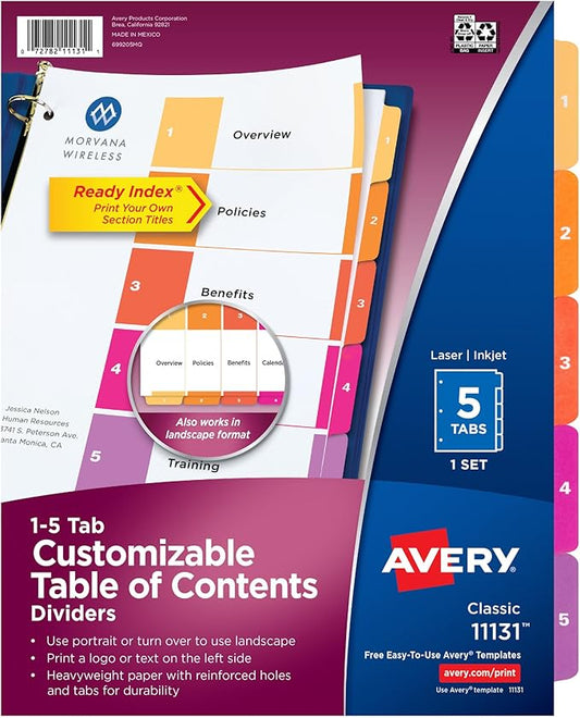 Avery Dividers for 3 Ring Binders, 5 Tabs per Set, Customizable Table of Contents, Multicolor Tabs, Great for Organizing Reports, Projects, and More (11131)