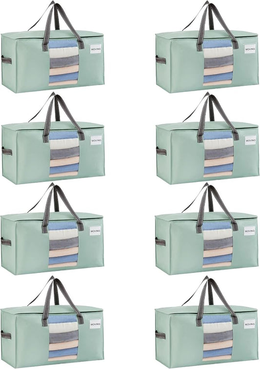 VENO 8 Pack Moving Bags, Comforter and Blanket Storage Bags for Closet, Moving Boxes, Boxes with Lids Alternative, College Dorm Packing Supplies, Foldable Heavy-Duty Tote (Light Green Matte, 8 Pack)