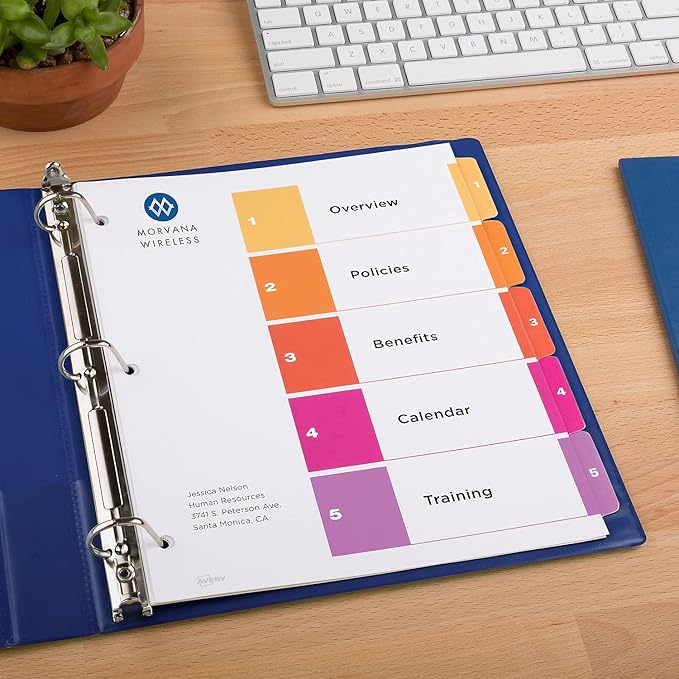 Avery Dividers for 3 Ring Binders, 5 Tabs per Set, Customizable Table of Contents, Multicolor Tabs, Great for Organizing High-Volume Reports, Projects, and More (24 Sets of 11167)