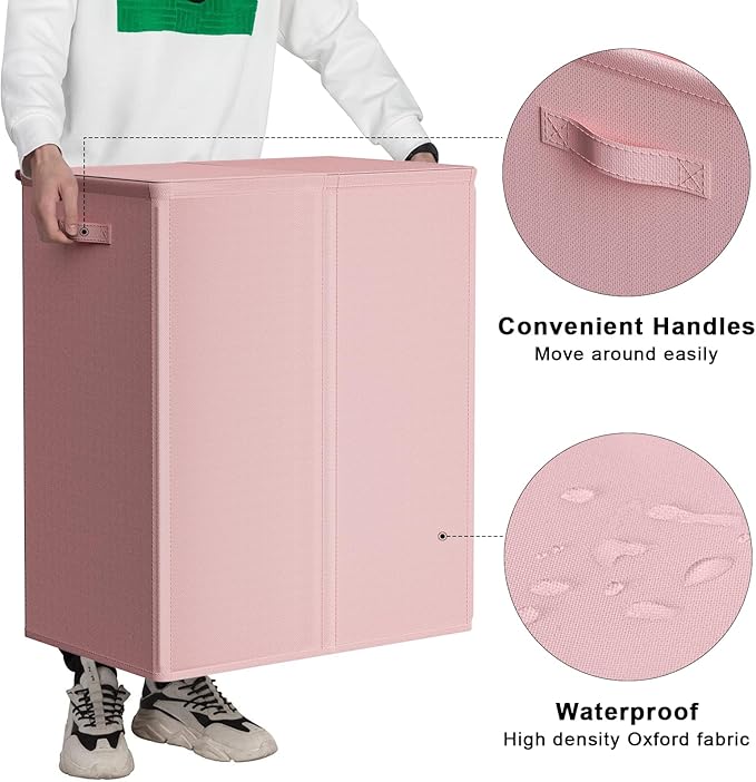 WOWLIVE 154L Double Laundry Hamper with Lid and Removable Laundry Bags, Large Dirty Clothes Hamper 2 section Collapsible Laundry Basket Dorm Room Storage for Bedroom, Bathroom, College,Pink