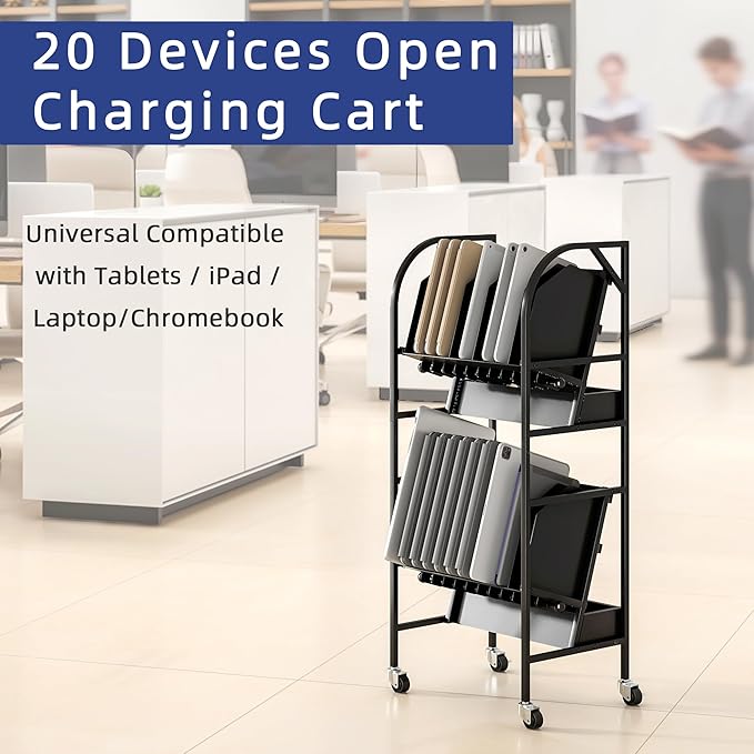 tonchean 20-Device Laptop Charging Cart with Wheels, 2 Tier Open Charging Cart, Office and Classroom Mobile Charging Station for Ipads, Tablets, Laptops Computer and Chromebook
