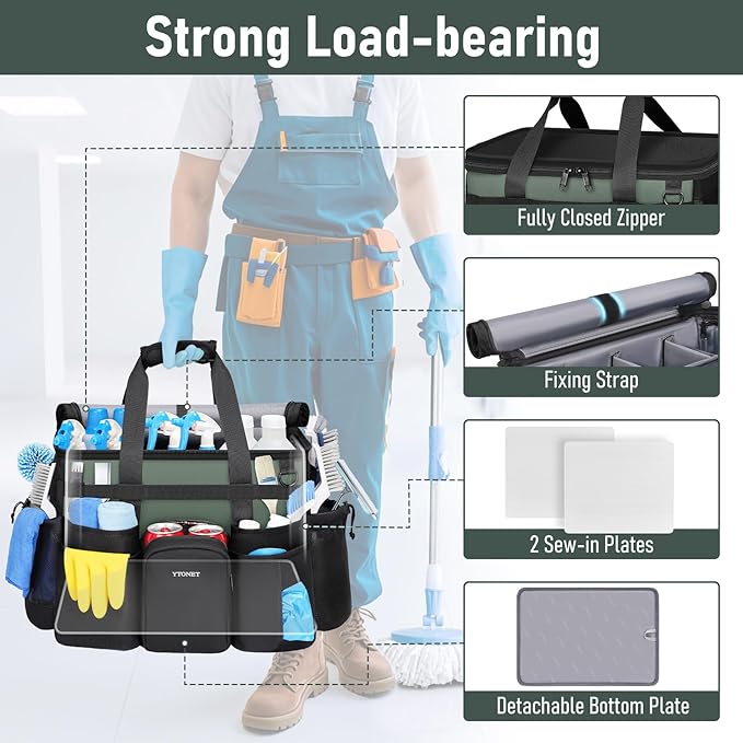 Ytonet Cleaning Caddy with Wheels, Extra Large Rolling Cleaning Caddy Bag with Detachable Trolley for Housekeepers, Water Resistant Cleaner Supplies Organizer with Wheels for Kitchen, Tool Organizer