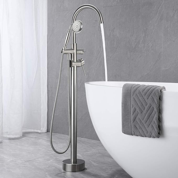 Tub Filler Freestanding Bathtub Faucet Brushed Nickel Floor Mounted Brass Bathroom Tub Faucets with Hand Shower